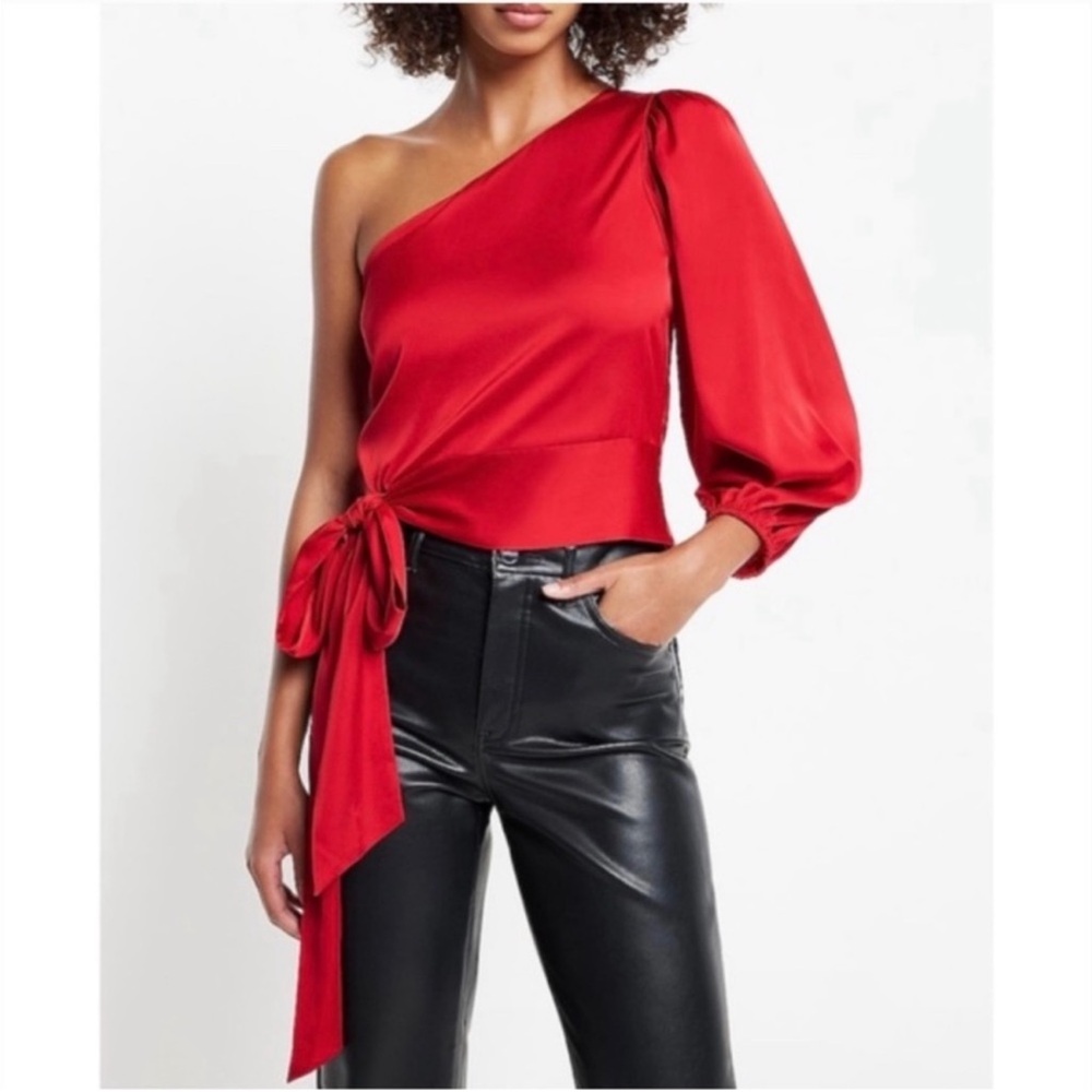 Express Red Asymmetrical Tie Front Blouse